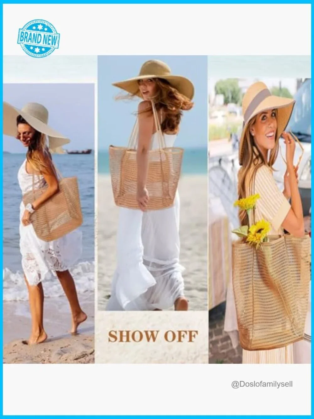 Straw Beach Bag and Hat Set Large Tote Wide Brim Sun Hat Foldable Drawstring